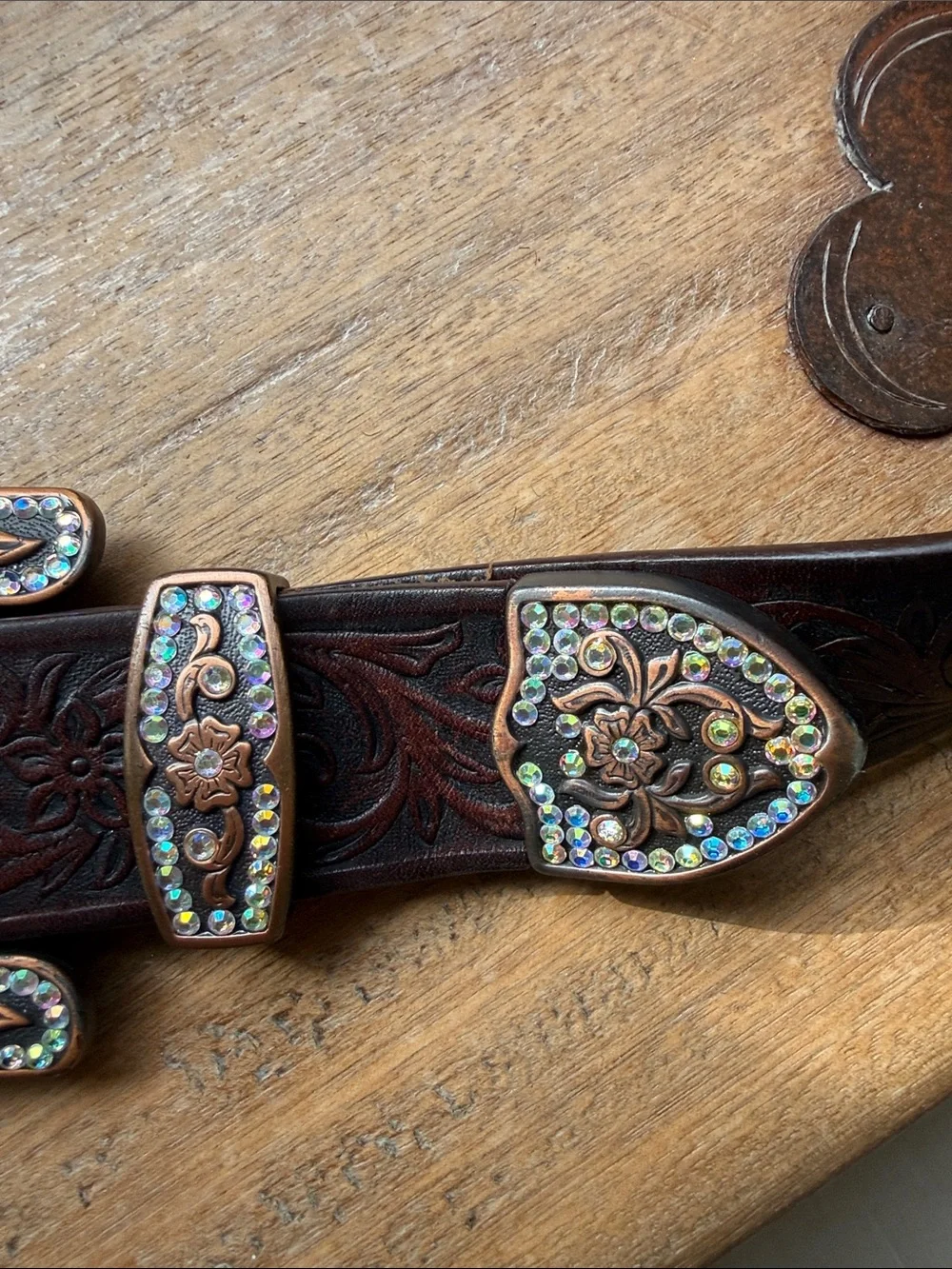 Western Embossed Brown Leather Belt with Decorative Crystal Buckle